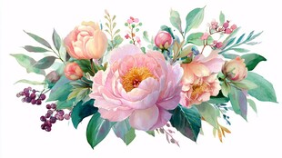 粉色花卉水彩插画组合