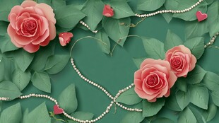 浪漫玫瑰绿叶珍珠装饰图