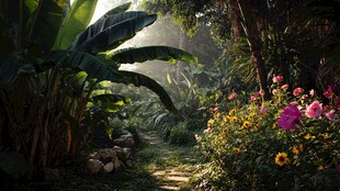 阳光洒落的热带植物小径