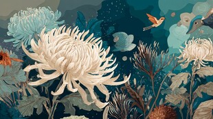 秋日菊花飞鸟梦幻景致