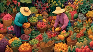 果农在缤纷水果中劳作