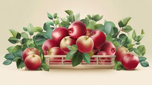 筐中红苹果与绿叶相伴