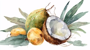 水彩绘椰果与绿叶组合