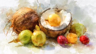 水彩绘多彩水果与椰子