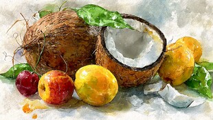 椰子与鲜果静物水彩画