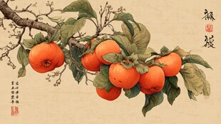 枝头硕果累累的写意柿子图
