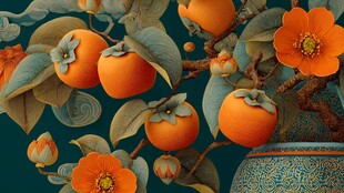 中式柿景花瓶插画艺术