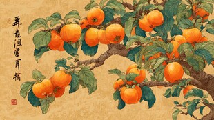 国画中硕果累累的柿子树