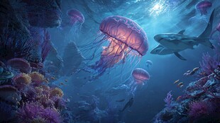 梦幻深海中的水母与鲨鱼