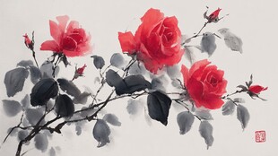 水墨红玫瑰写意画