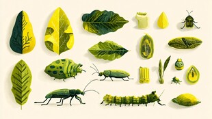 黄绿系昆虫与叶片插画