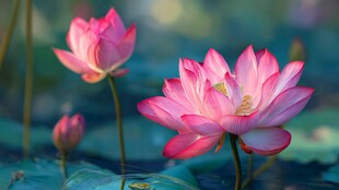 娇艳盛开的水中粉荷