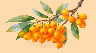 水彩绘枝头橙黄沙棘果