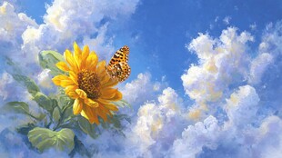 蓝天下向日葵与蝴蝶共舞