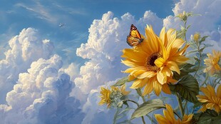 蝶栖葵花间 白云映蓝天