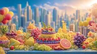 城市前的缤纷水果盛宴