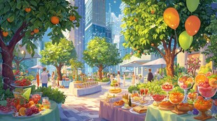 城市中的水果主题户外派对