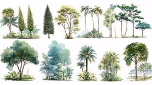 水彩风格多样树木插画