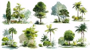 手绘多样绿植景观集合