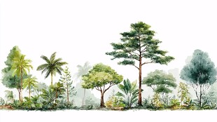 热带森林树木水彩插画