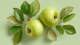 两个青苹果与绿叶相伴