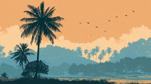 热带风光下的椰树与飞鸟