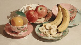 复古瓷盘上的缤纷水果