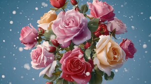 多彩玫瑰绽放梦幻雪景中