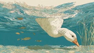 水下畅游的白鹅与小鱼