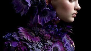 紫色花卉装饰的梦幻人像