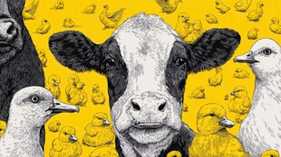 奶牛与鸭群的趣味动物组合