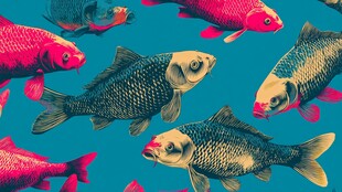 锦鲤鱼群畅游蓝色背景中