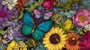 蝴蝶栖于缤纷花卉之中