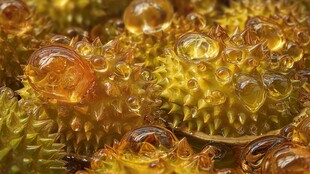 带水珠的金黄榴莲刺特写