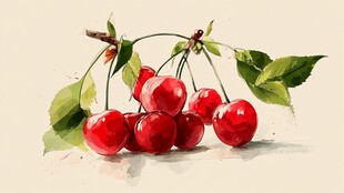 水彩画中的鲜红樱桃果实