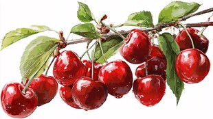 枝头红樱桃 清新水彩绘