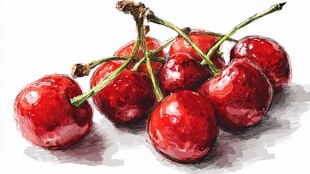 水彩画中的鲜红樱桃