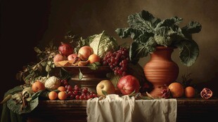 静物 蔬果与陶罐的艺术组合