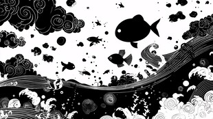 黑白海洋鱼群奇幻插画
