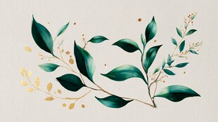 水彩绿叶金饰植物插画