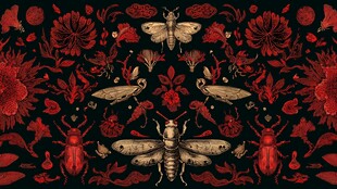 红黑昆虫花卉图案艺术画