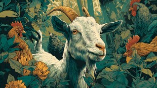 森林中的山羊与鸡群