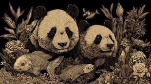 双熊猫与锦鲤的自然图景