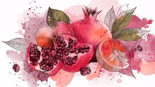 水彩绘石榴及水果插画