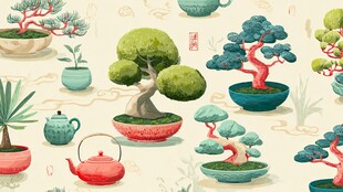中式盆景与茶具图案设计