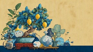 中式蓝调盆栽静物插画