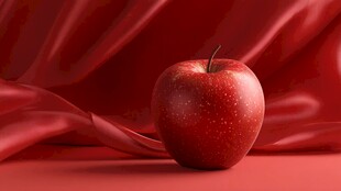 红绸上的鲜润红苹果