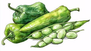 青椒与豌豆的水彩插画