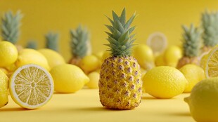 黄色背景下的菠萝与柠檬
