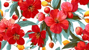 红色花卉与果实水彩图案